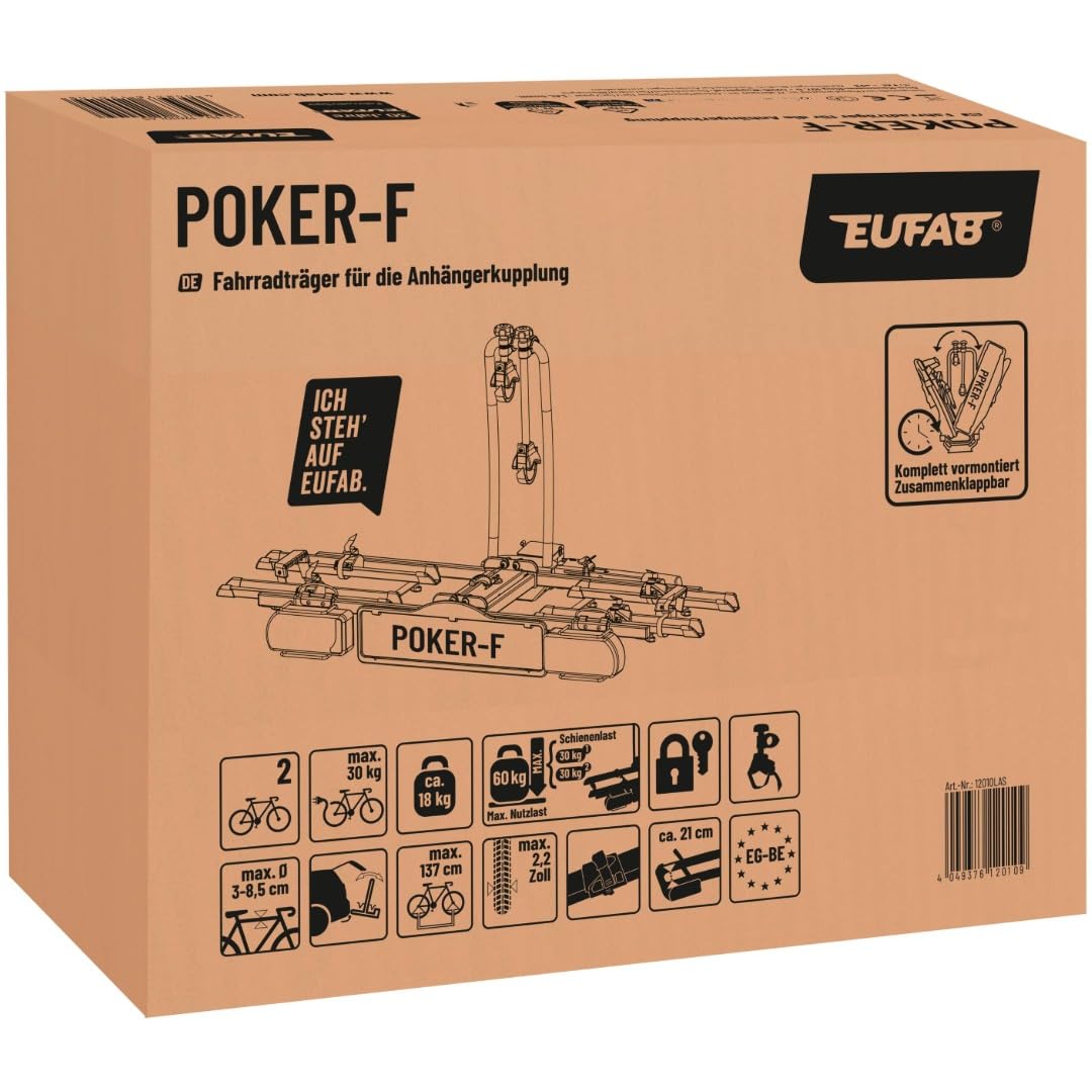 EUFAB POKER-F 12010LAS Fahrradträger, Anhängerkupplung, 2 Fahrräder, E-Bike geeignet, Diebstahlschutz