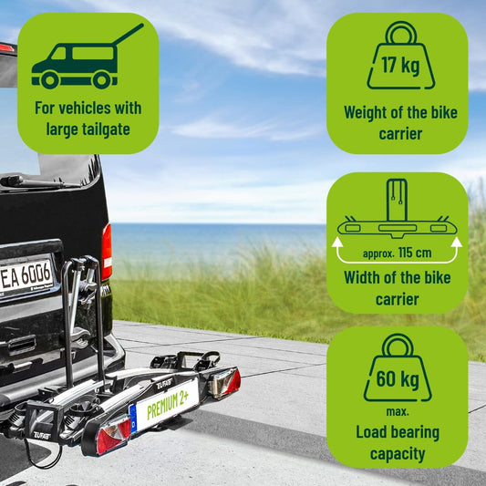 EUFAB PREMIUM 2 Plus 11523 Fahrradträger, Anhängerkupplung, 2 Fahrräder, E-Bike geeignet, Diebstahlschutz