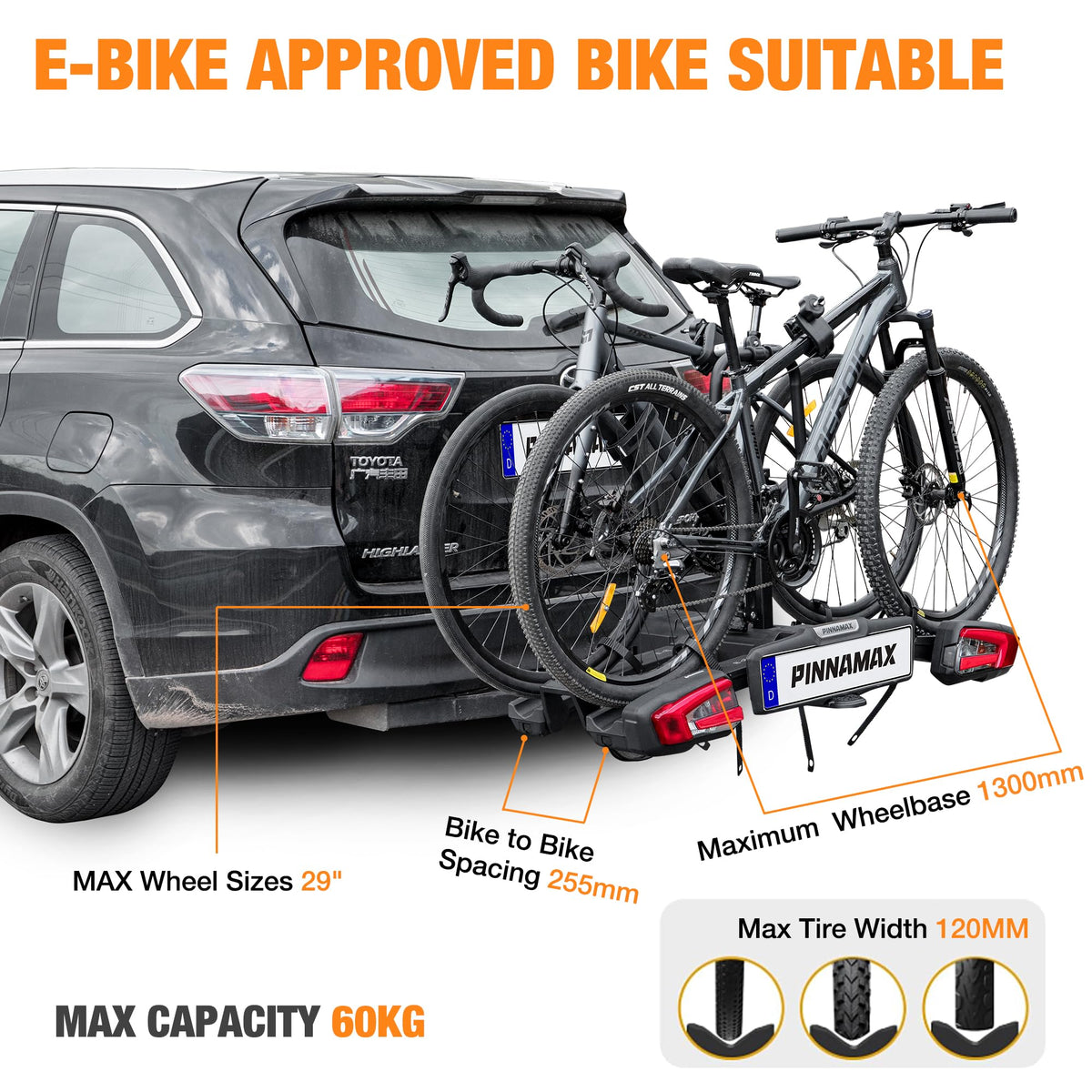 PINNAMAX TB-603-2 E-Bike Fahrradträger, 2 Fahrräder, bis 60 kg, faltbar, kippbar, Diebstahlschutz