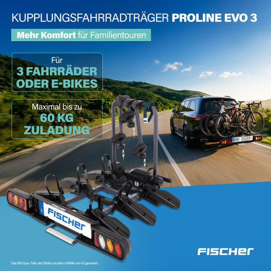 FISCHER ProlineEvo 3 Fahrradträger, Anhängerkupplung, 3 Fahrräder, E-Bike geeignet