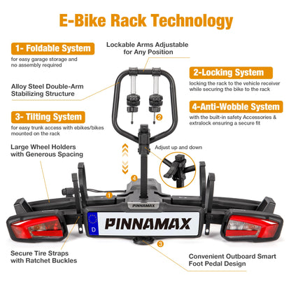PINNAMAX TB-603-2 E-Bike Fahrradträger, 2 Fahrräder, bis 60 kg, faltbar, kippbar, Diebstahlschutz