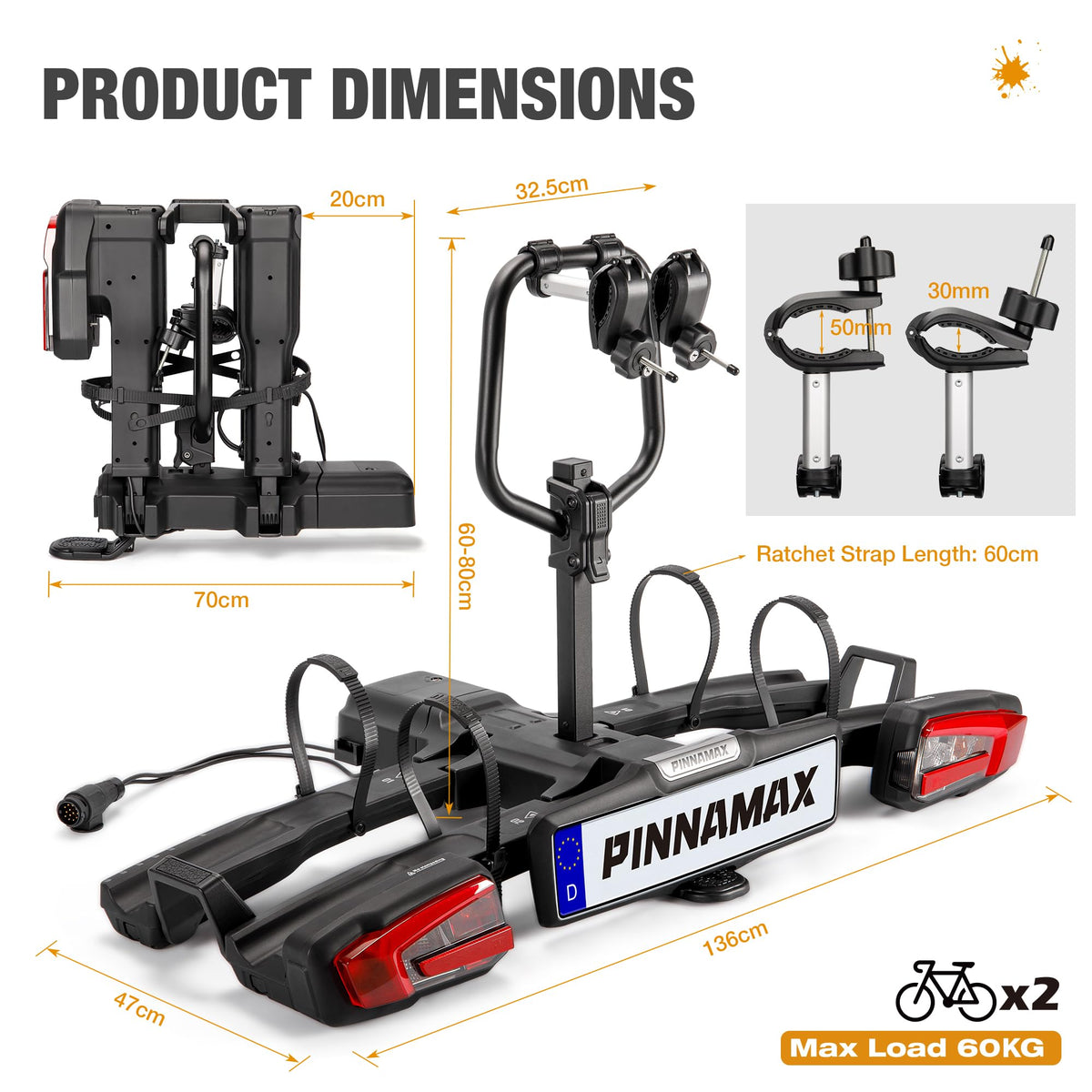 PINNAMAX TB-603-2 E-Bike Fahrradträger, 2 Fahrräder, bis 60 kg, faltbar, kippbar, Diebstahlschutz