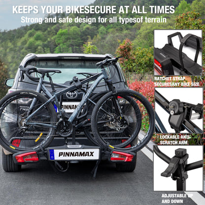 PINNAMAX TB-603-2 E-Bike Fahrradträger, 2 Fahrräder, bis 60 kg, faltbar, kippbar, Diebstahlschutz